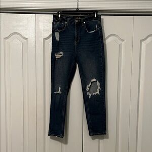 Indigo Rein Women's Distressed Dark Blue Cropped Jeans